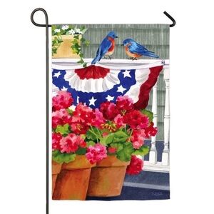 Patriotic Yard Garden Flag Bluebirds Geraniums American Flag Floral Backyard